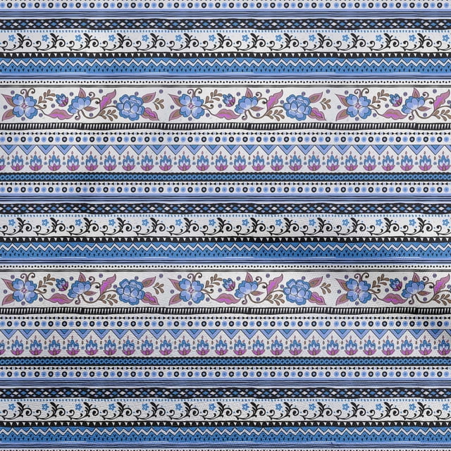 oneOone Rayon Medium Blue Fabric Asian Floral With Geometric Sewing Material Print Fabric By The Yard 56 Inch Wide
