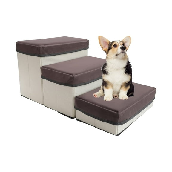 ShellKingdom Pet Stairs 3-Step Foldable Dog Ramp Ladder with Storage Boxes Pet Steps Storage Stepper for High Beds Sofa, Cream
