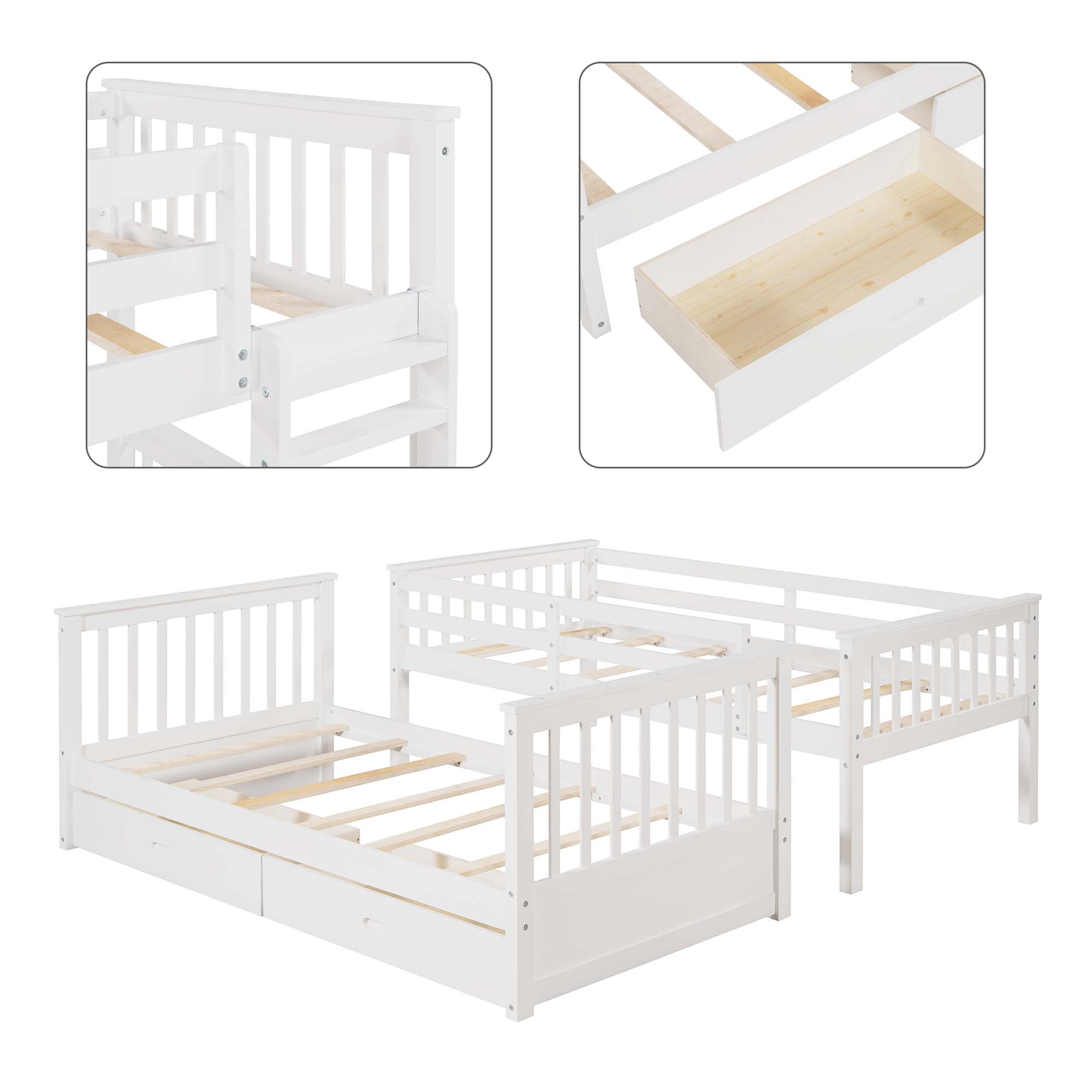 Aukfa Twin over Twin Bunk Bed with Two Storage Drawers, Wood Convertible Two Bed for Kids Teens - White