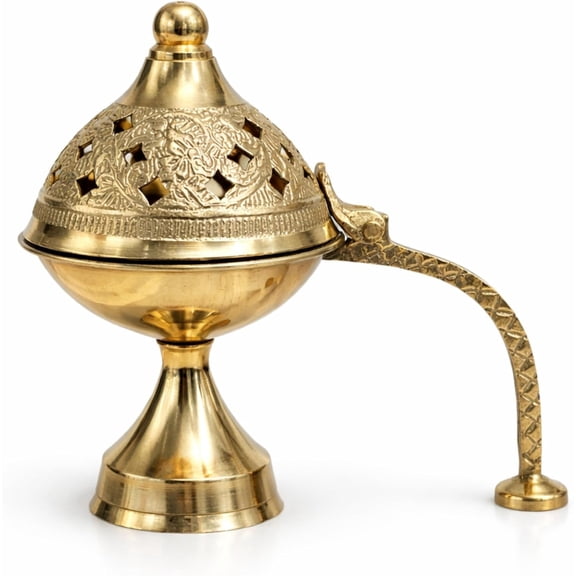 Brass Dhoop Dani with Handle for Puja, Traditional Incense Burner with Dome Lid, Temple Home Decorative Holder 4.5x4 Inch