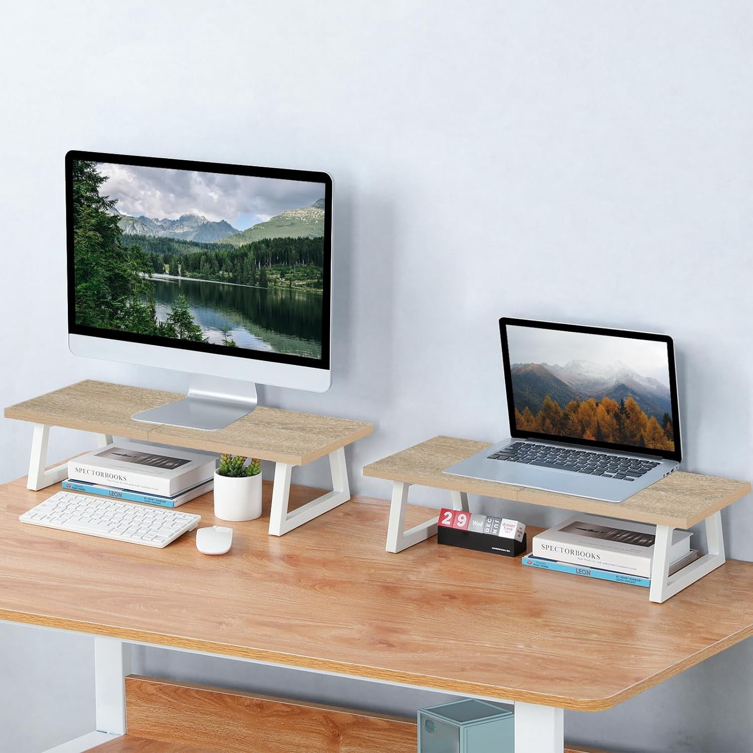 24 inch Monitor Stand Riser, Wood & Steel Computer Monitor Stand with Storage, Laptop, PC, Printer Stand Riser for Desktop Office Desk Organizers