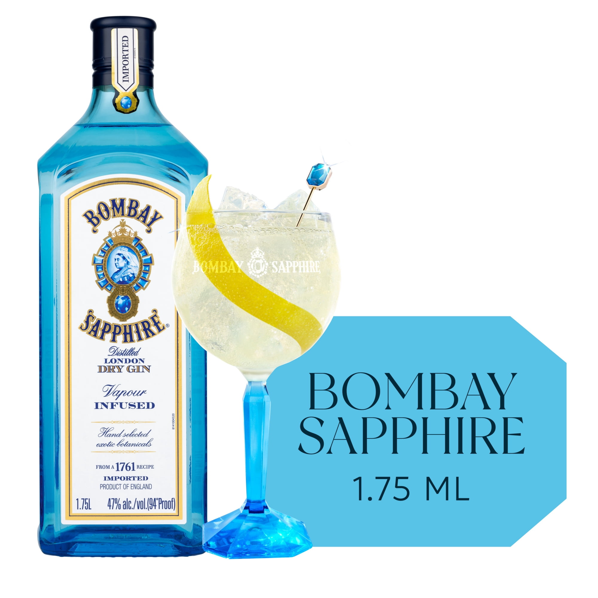 Bombay Sapphire Gin, 1.75 L Blue Bottle, ABV 47%