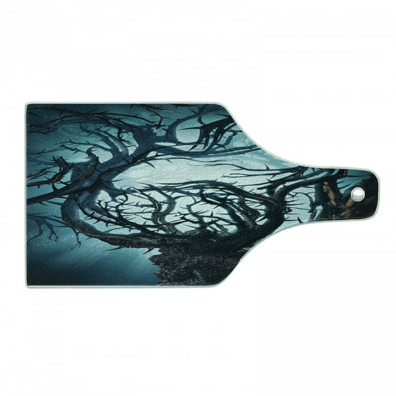 Mystic Cutting Board, Big Tree Thorns Branch in Spooky Night Fantasy Halloween Illustration Print, Decorative Tempered Glass Cutting and Serving Board, Wine Bottle Shape, Teal White, by Ambesonne