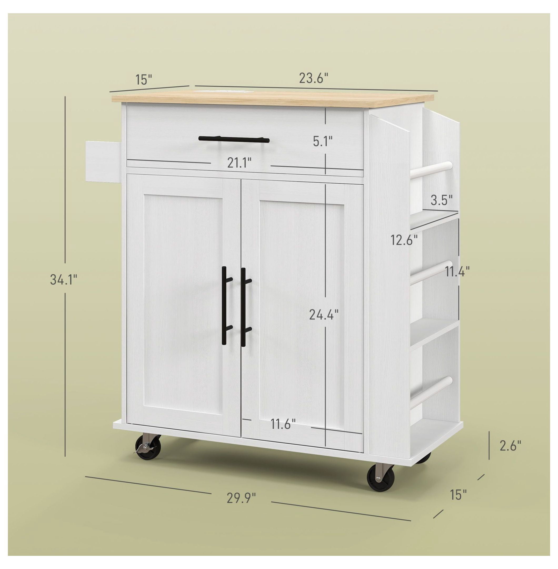 Rollable Kitchen Island with Power Outlets, Drawer, Doors & Versatile Storage on Wheels, White