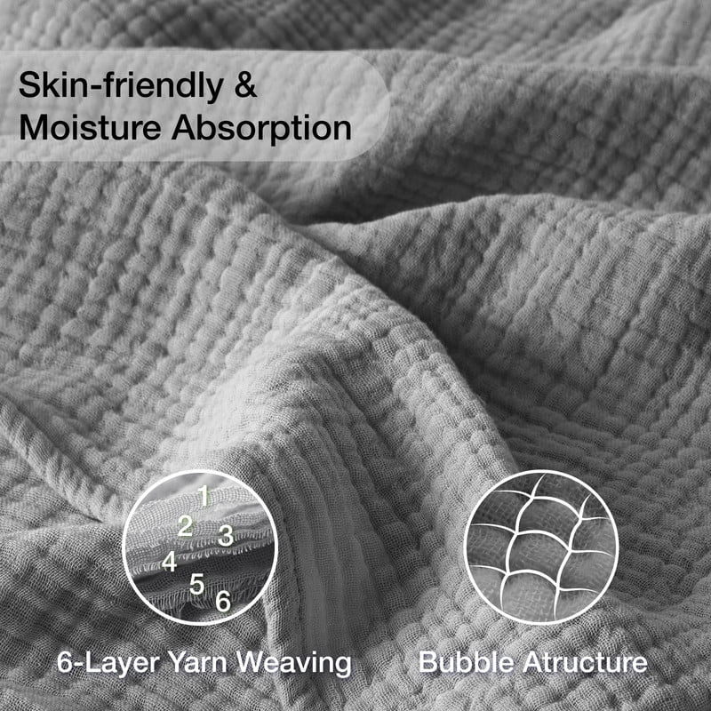 100% Cotton Muslin Blanket Large 50" x 70", 6 Layers Lightweight and Breathable Throw Blankets for Couch, Soft Cooling Gauze Blanket for Adults All Season, Grey