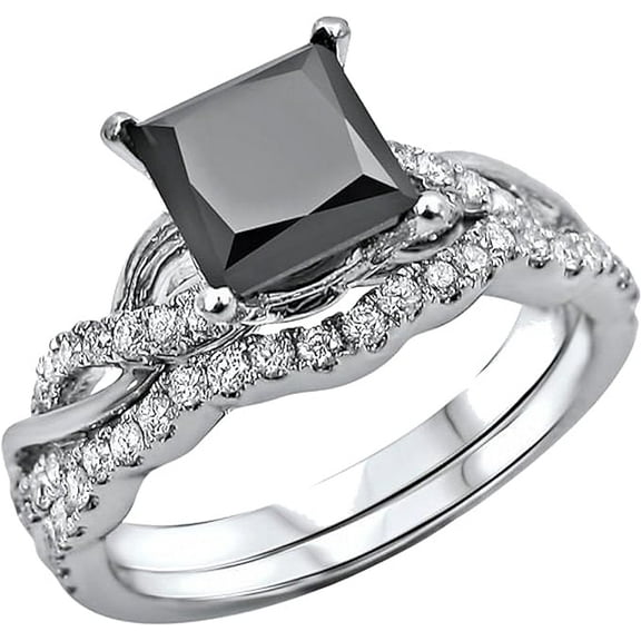 beryl_creation Women's 925 Sterling Silver 1.50 Ct Princess Cut Black Diamond Wedding Engagement Bridal Ring Set 14K White Gold Plated -4.5