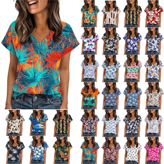 Horkkom Short Sleeve Shirts for Women Summer Trendy Floral Print V Neck Tops Casual Loose T Shirts L