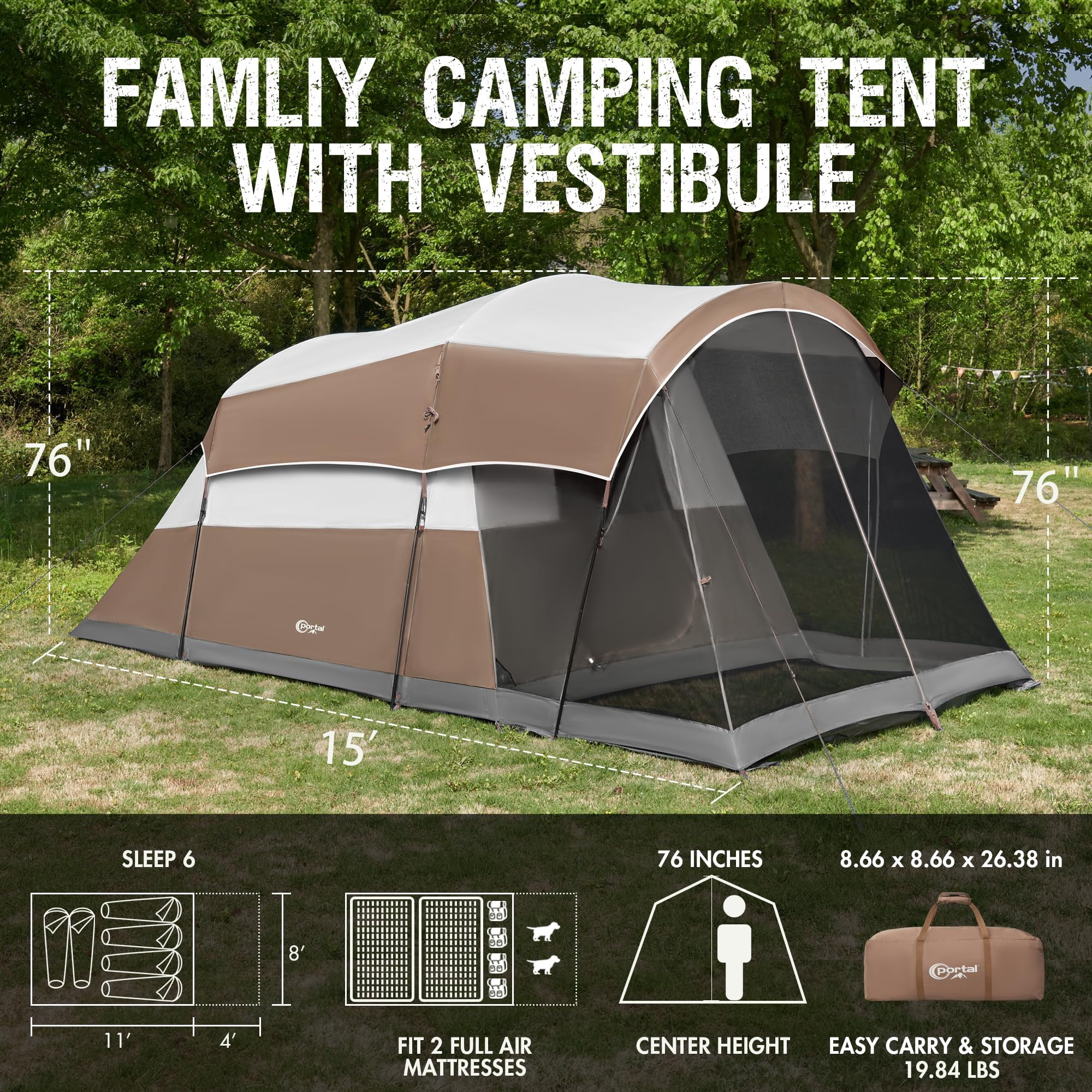 PORTAL Family Camping Tent for 6/8/10 People with Screen Room Water Resistant Rainfly Ideal for Outdoor Camping Parties