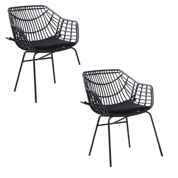 Niya Patio Chair Set of 2, Polyester, Black Steel, Outdoor Rattan Wicker