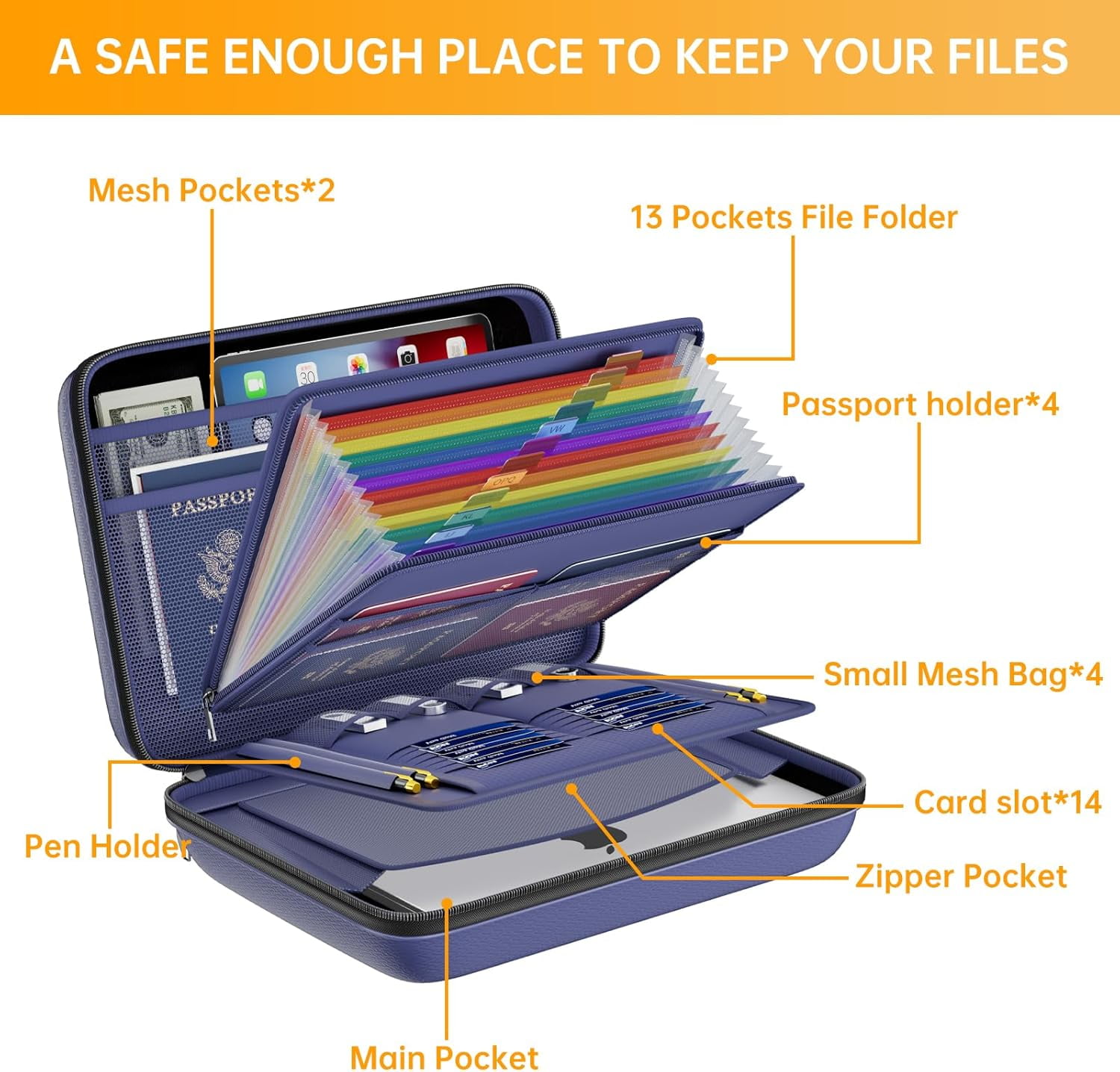 Fireproof File Organizer with Lock, Hard-Shell Case Fireproof Document Box with 13 Pocket Accordion File Folder, Portable Home Office Travel Safe Storage for Important Documents Laptop Blue
