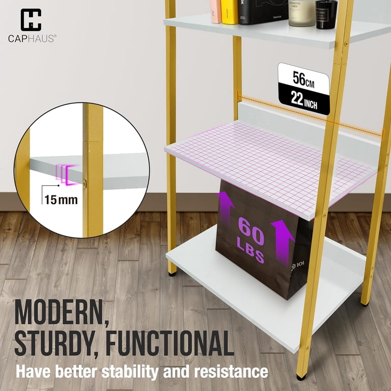 5 Tier Industrial Bookshelf - 24 Inch Wide, Rustic Oak Finish, Metal Frame, Each Shelf Holds 60 Lbs