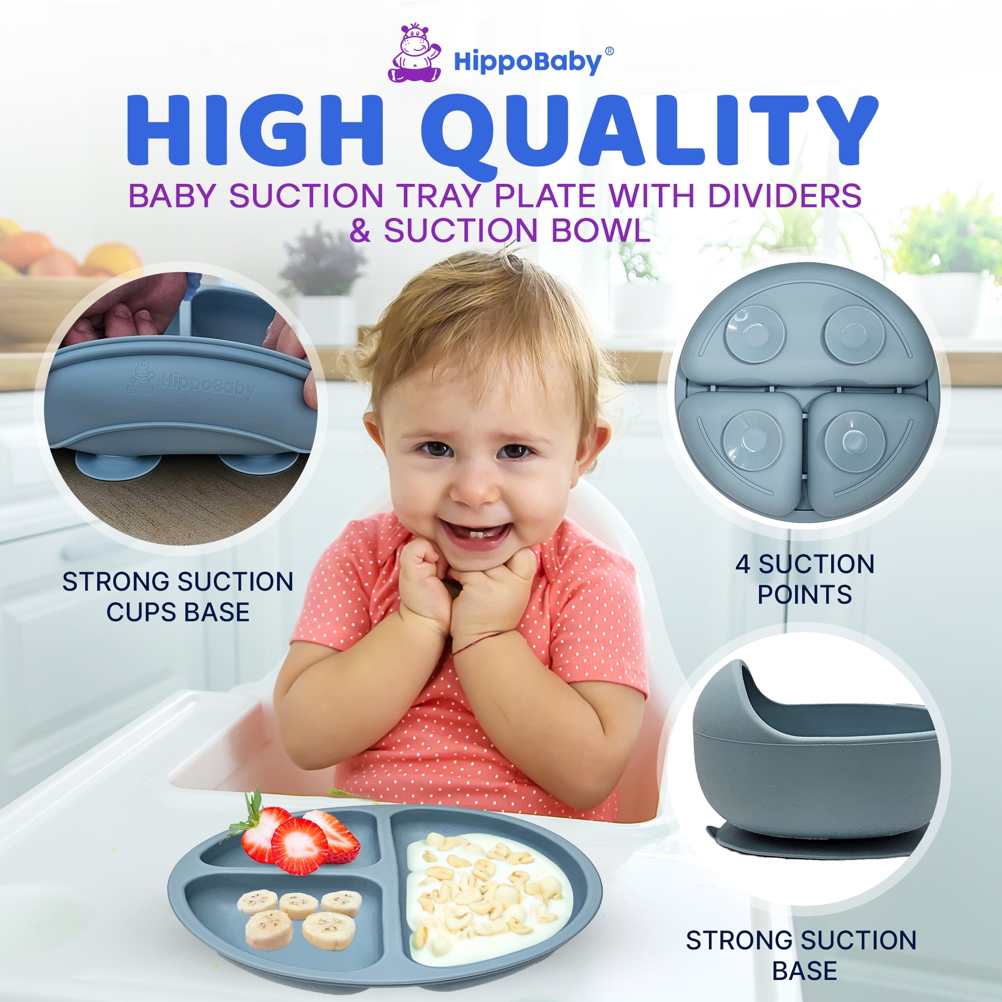 HippoBaby 10 Piece Silicone Baby Feeding Set with Bib, Cup, Divided Plate, Bowl, and Self-Feeding Spoons (Sky)