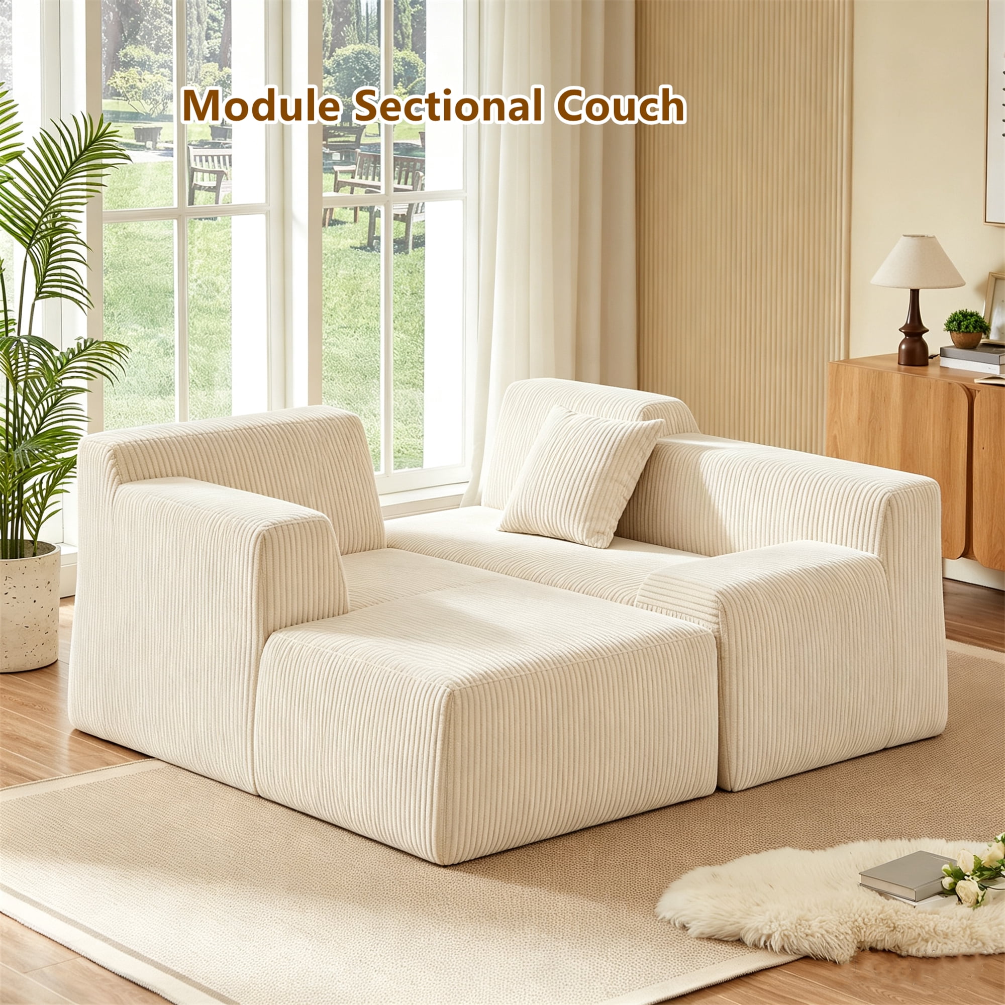 Aukfa 97" Cloud Sectional Sofa Tight Back Boneless Couch Modular L-Shaped Couch, Left Chaise Corduroy Sofa for Living Room, Beige