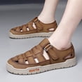thumbnail image 3 of Men's Stylish Leather Hollow Flat Sandals Closed Toe Hook Loop Head Soft Bottom Wading Sandals Summer Beach Anti-Slip Sandal for Leisure Work Driving,Brown 39(US-7), 3 of 5