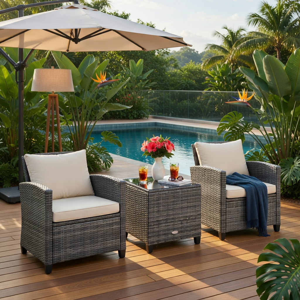 Hommoo 3-Piece Outdoor Wicker Conversation Set, PE Rattan Sofa & Tempered Glass Coffee Table with Weather-Resistant Cushions, White