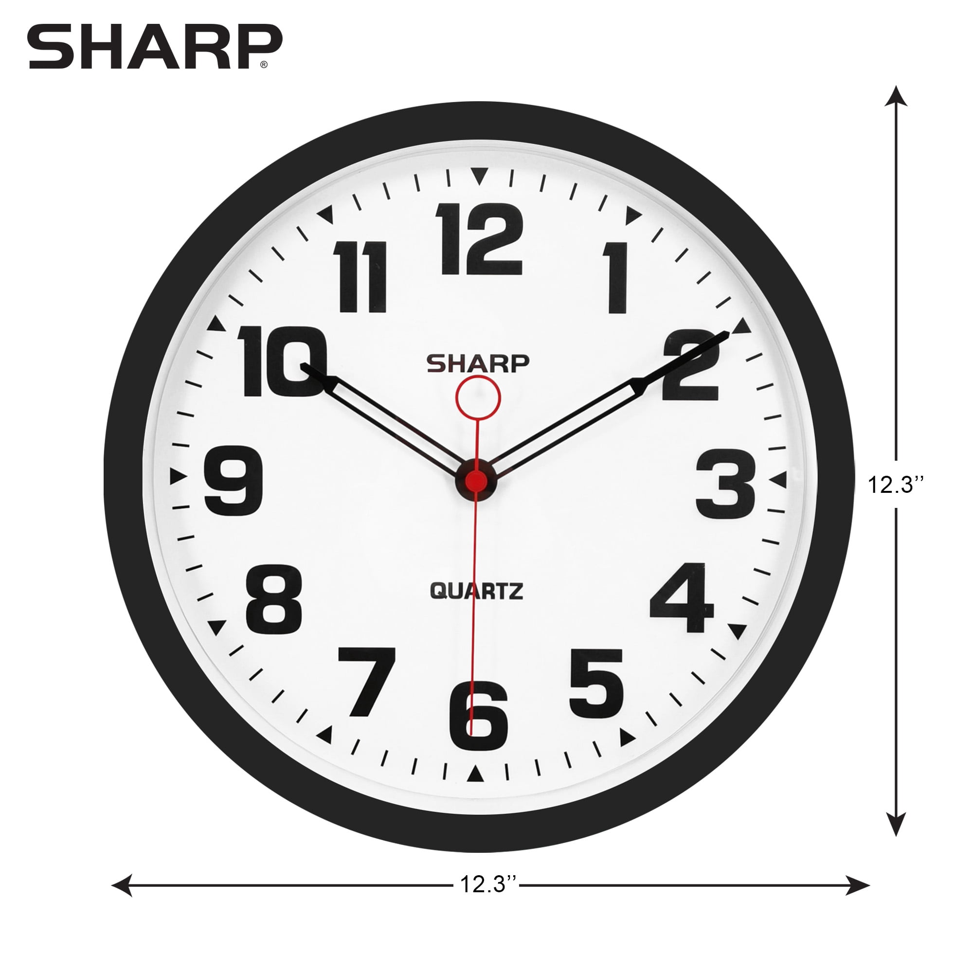 Sharp Matte Black Wall Clock 12" Non-Ticking Modern Style Quartz Analog Display Battery Operated