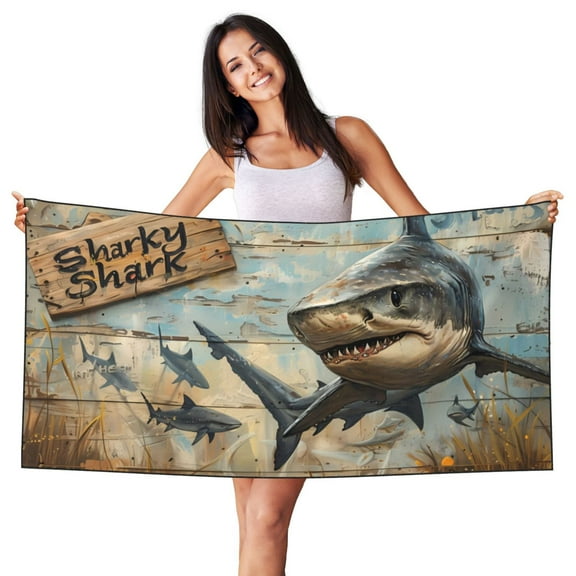 Picia Wood Grain Shark Print Silver Fox Velvet Beach Towel,Quick-Dry Beach Towel,Lightweight Travel Towel,Portable Beach Towels