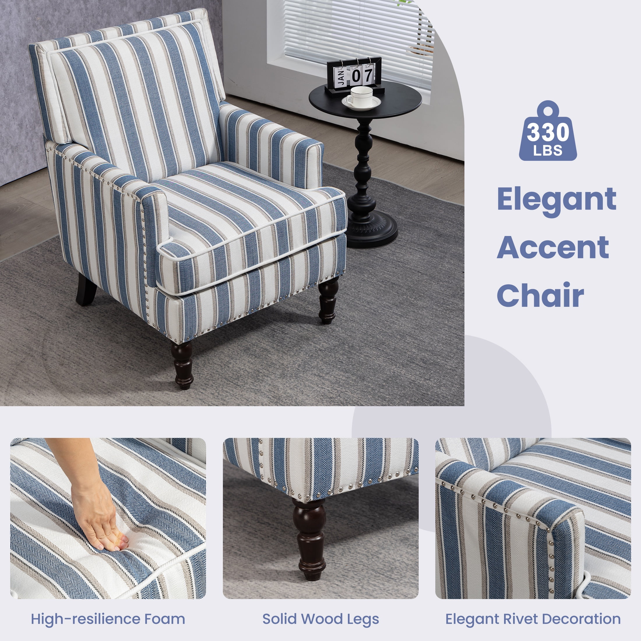 LEGAHOME Vintage Accent Chair, Upholstered Armchair with Nailhead Trim, Linen Fabric Arm Chair Comfort Reading Chair Lounge Chair for Living Room Bedroom Sunroom, Blue(1PC)