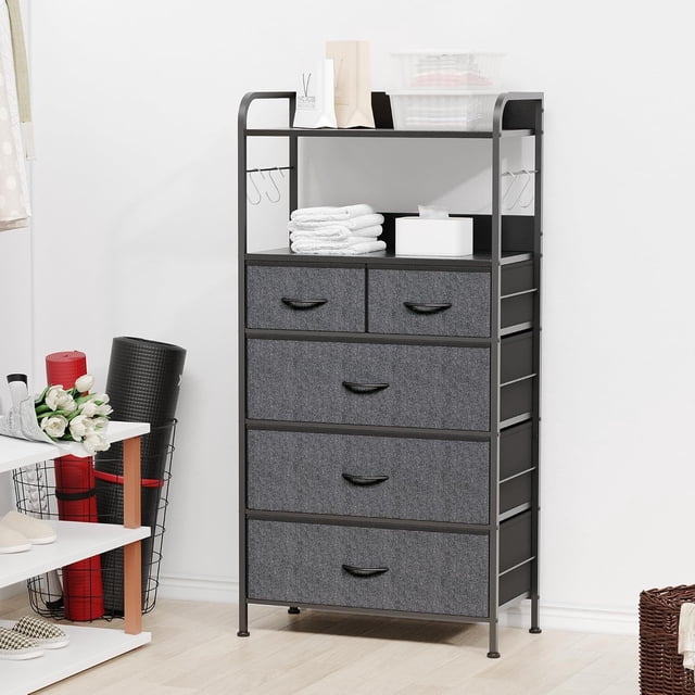 Ourlova 5 Drawer Fabric Dresser Compact Storage Unit with Sturdy Metal Frame Easy Assembly Versatile Organizer for Clothes and Essentials in Grey