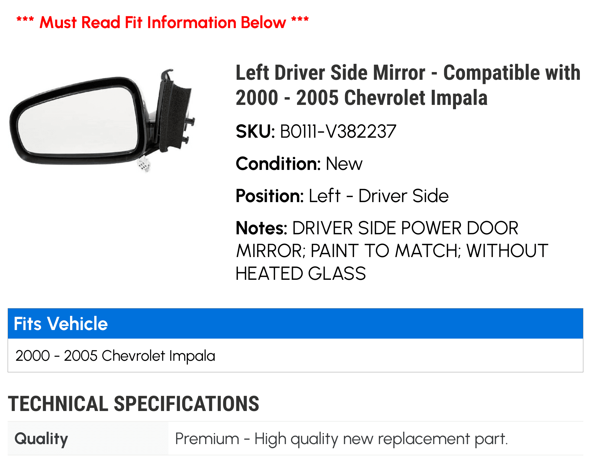 Left Driver Side Mirror - Compatible with 2000 - 2005 Chevy Impala 2001 2002 2003 2004