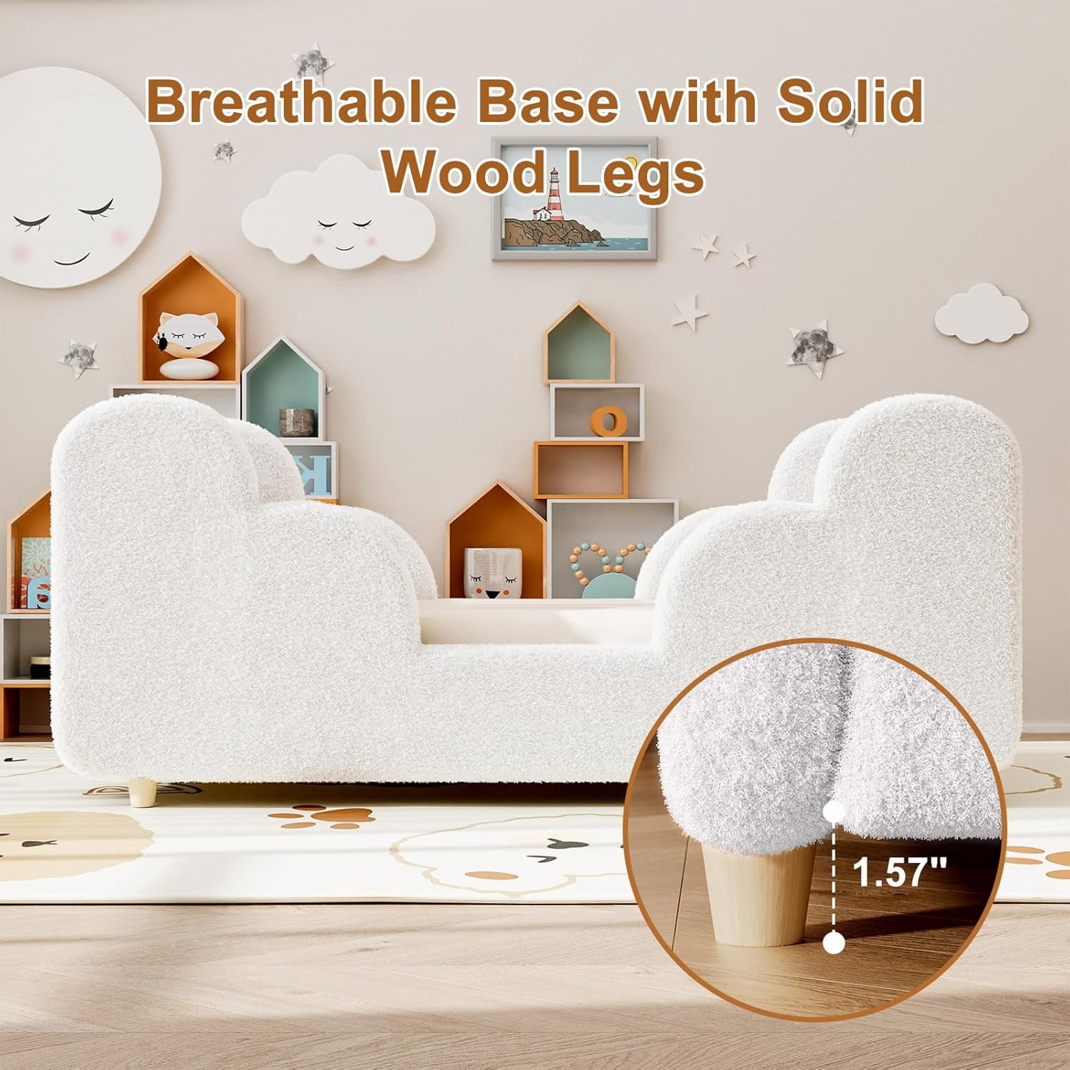 SLSY Toddler Bed,Warm White Child Bed for Kids with Extra Safty Broad,Certified Fabric Toddler Floor Bed,Standard Crib Size(Mattress Not Included)