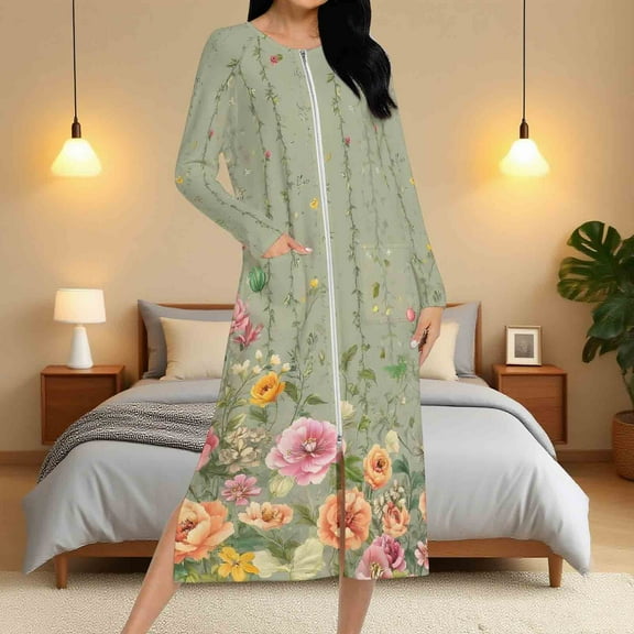 Aboser Zip Up Housecoat for Women Vintage Floral Graphic Robes Casual Long Sleeve Nightgown Ultra Soft Jersey Loungewear Loose Full Length Long Sleepwear with Pockets