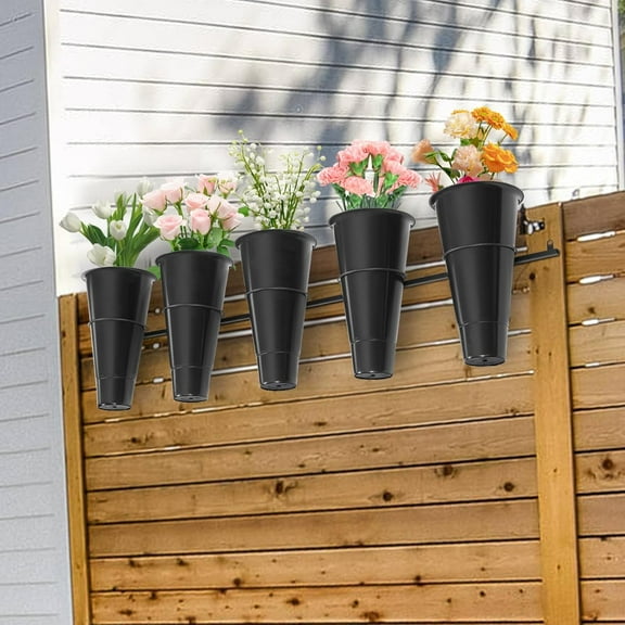 Outdoor Patio Garden Wall Mounted Flower Display Stand, Decorative Florist Bouquet Shelf with 5 Buckets, Fresh Flower Shop Floral Container Ring Plant Holder Flower Pot Rack for Indoor