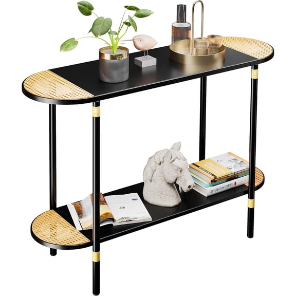 Black Metal Console Table with Rattan Decor, 2-Tier Entryway Table, 42.32"(L) Narrow Sofa/Couch Side Table with Metal Frame, Hallway Entry Table for Living Room