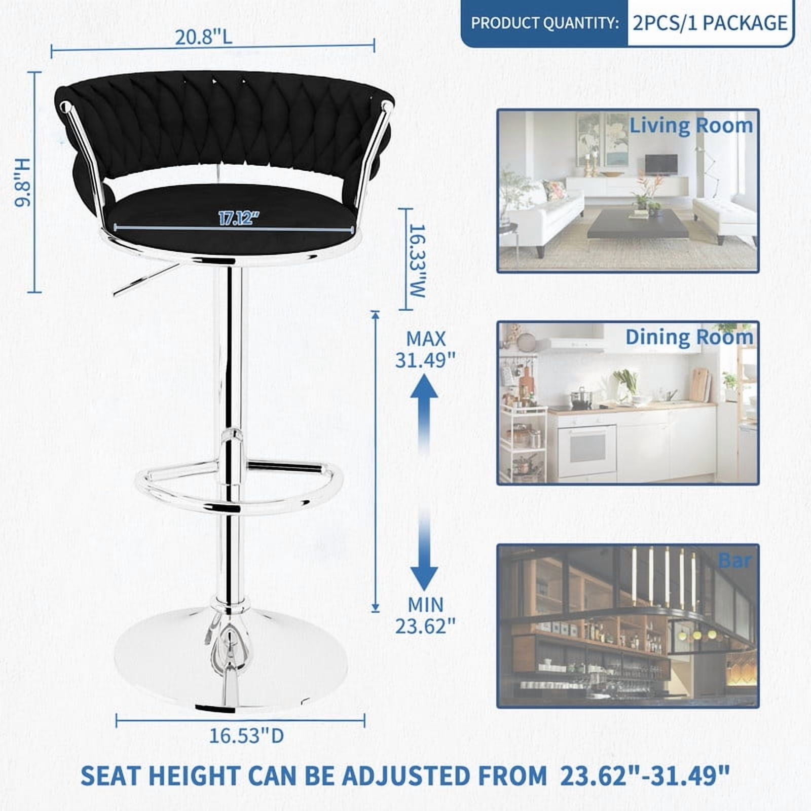 Baxluxe Velvet Bar Stools Set of 2, 360 Degree Swivel Bar Chairs with Footrest & Backrest, Adjustable Counter Height Barstool Dining Chairs, High Stool Pub Chairs for Kitchen Island, Black