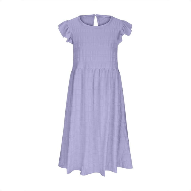 Robes pour Préadolescentes Manches à Volants à Étages Évasées Ligne A Robes d'Été Robe Violette pour Filles Robe Chic