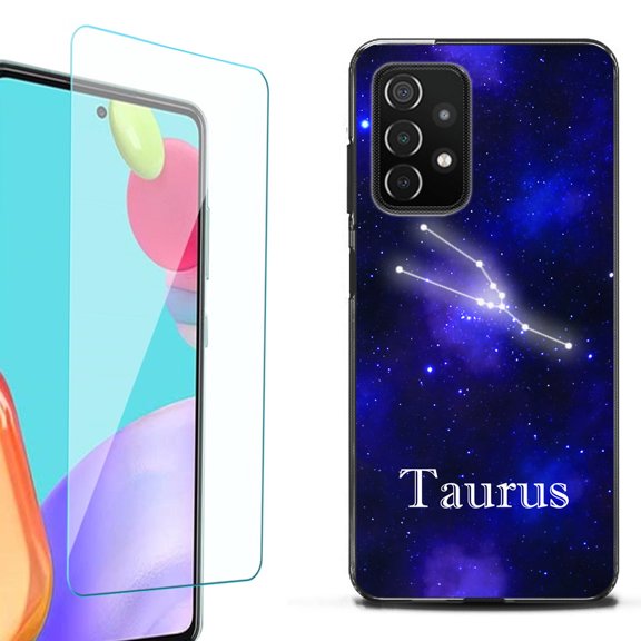 Slim-Fit Flexible TPU Gel Phone Case (black) for Samsung Galaxy A52 5G, with Tempered Glass Screen Protector, by OneToughShield ® - Zodiac / Taurus