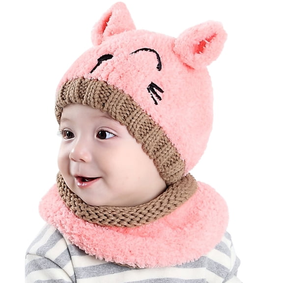 NOKIO Warm Winter Knit Hat And Circle Scarf Set Baby Boy Girl Winter Hat Toddler Bear Ears Beaniess Hat With Scarf Lined Knitted Cap Neckwarmer For Kids 2 Pieces