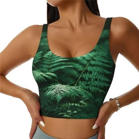 Adobk Ferns Leave Green Foliage Print Sports Bras for Women Longline Workout Crop Tank Tops Padded with Built in Shelf Padded Sports Bra-X-Large