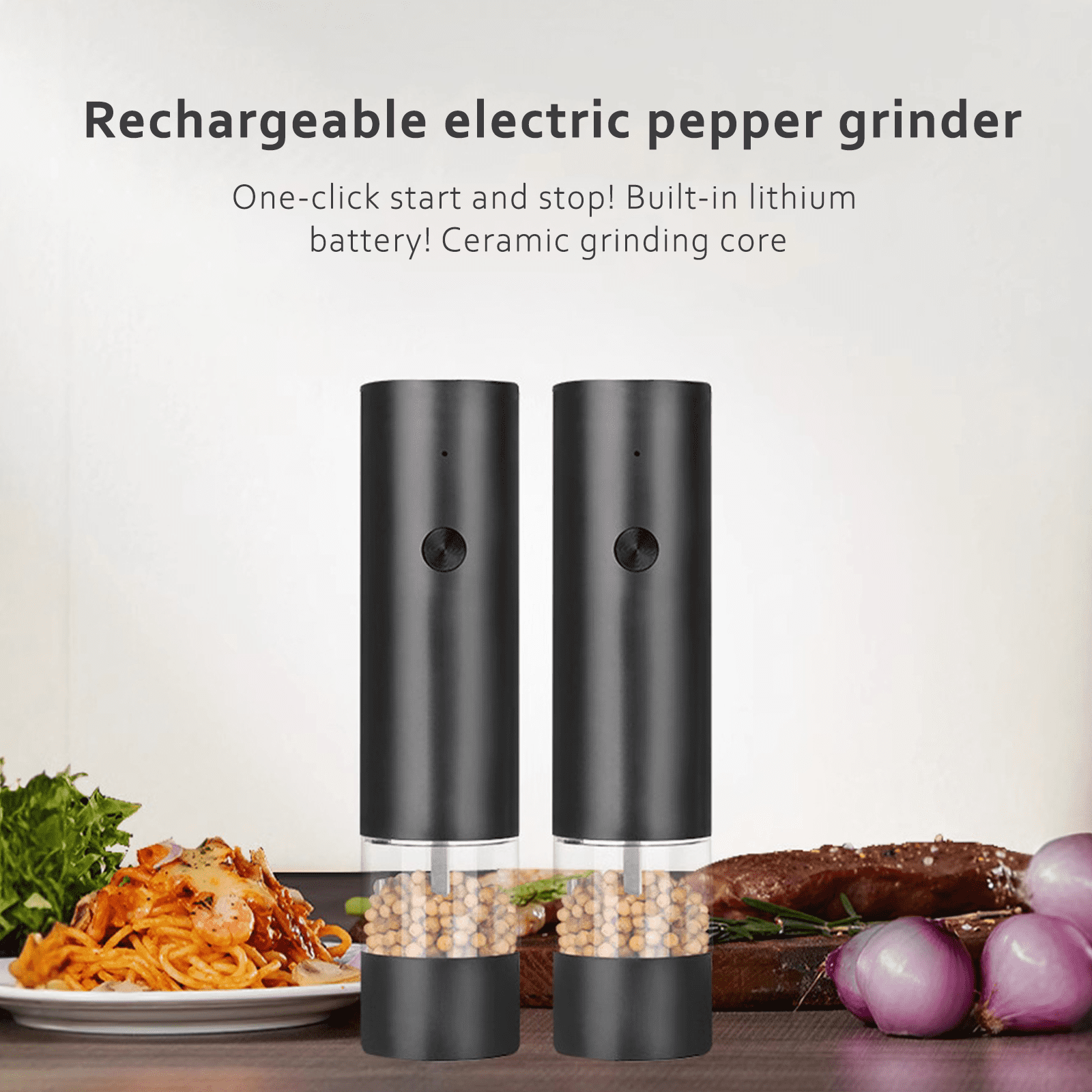 PKALQ Electric Salt and Pepper Grinder Set, Adjustable Coarseness with Ceramic Blades, Automatic Rechargeable Shakers, 2 Pack - for Home Kitchen, Restaurant, Camping - Perfect for Chefs & Cooking Ent