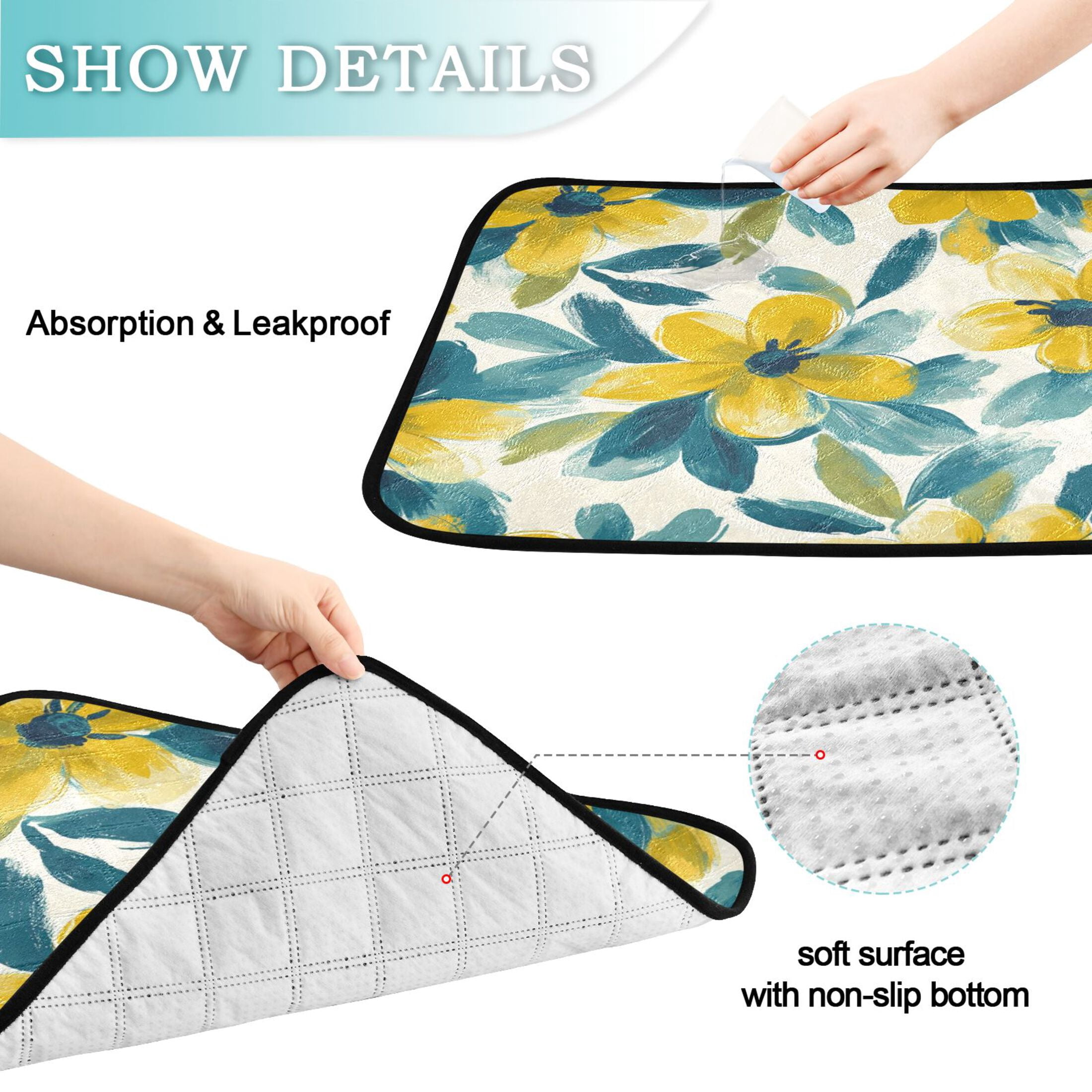 Qxltty Yellow and Teal Flowers Cat litter Pads Pet Set of 2 Diaper Mats Center Anti-leakage Layer Absorbent Soft and Comfortable