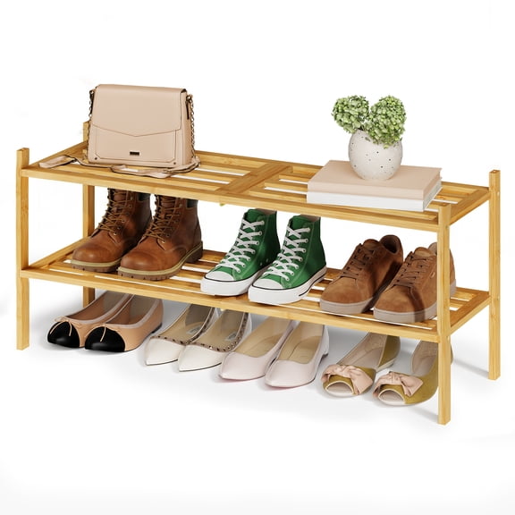 SONGMICS Bamboo Shoe Rack for Closet, Stackable Shoe Oragnizer, Space-Saving Freestanding Shelf, 2-Tier, Holds 9-12 Pairs, Natural Color