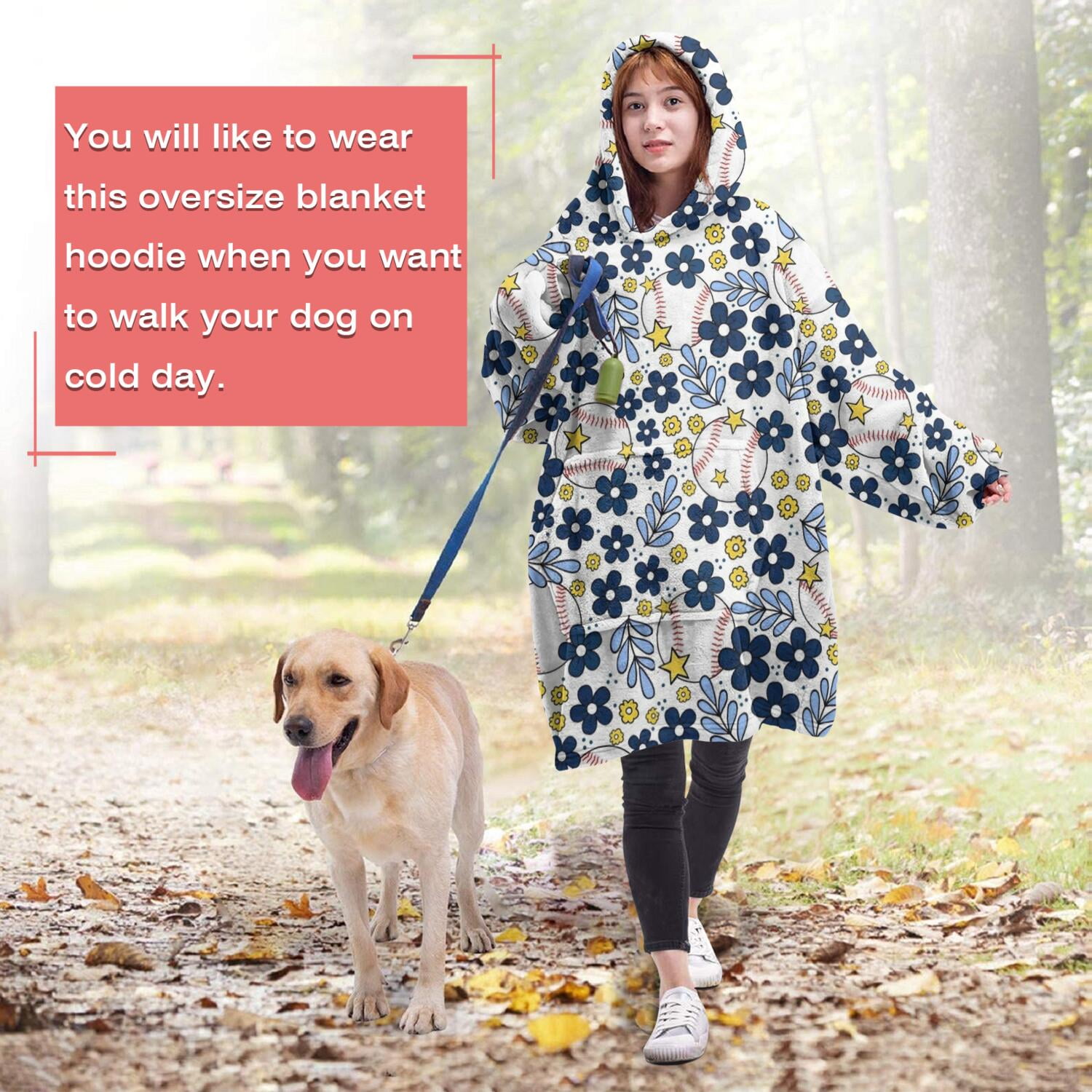 Blue Baseballs with Yellow Flowers Pattern Wearable Oversized Blanket,Wearable Blanket Hoodie for Adults,Cozy Hooded Blankets with Super Pockets,Super Warm Fuzzy Pullover for Women & Men