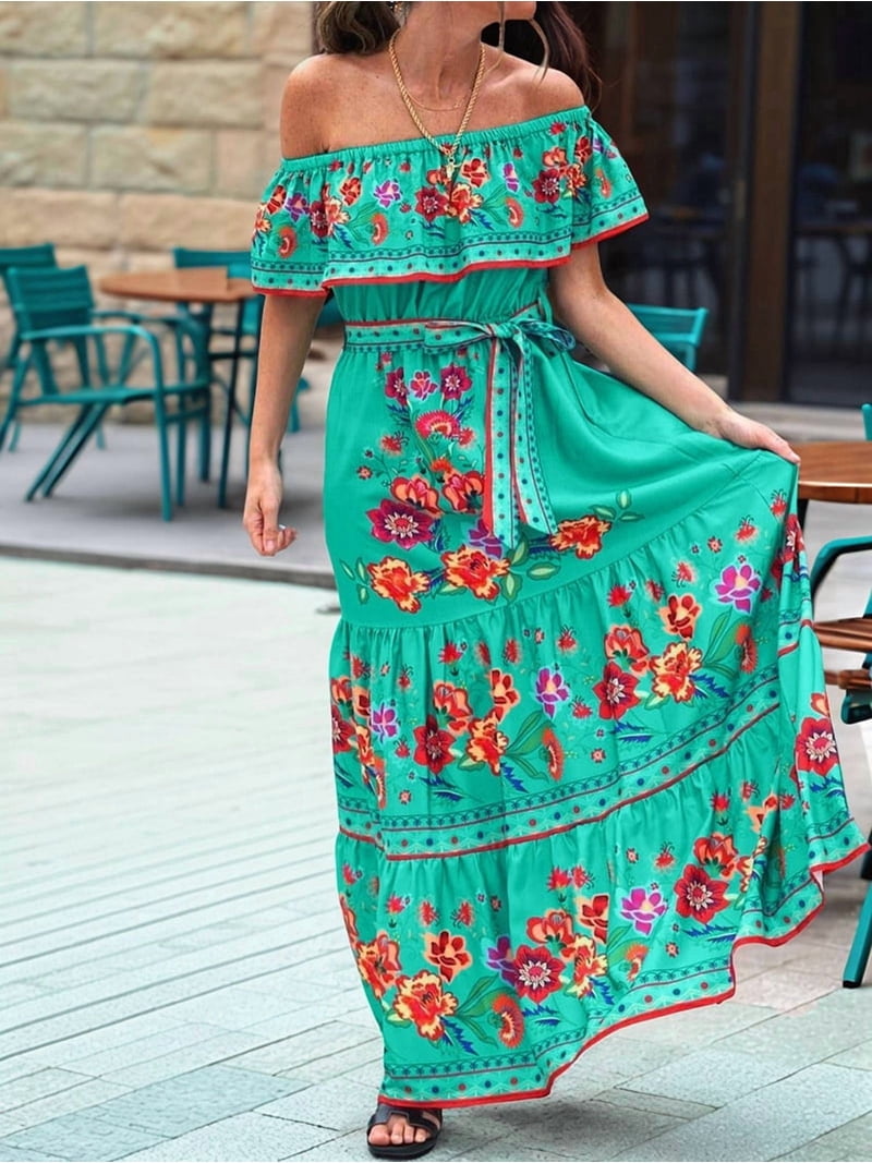 Women'S Mexican Dress Summer Floral Print Off the Shoulder Sleeveless Beach Long  Maxi Dress Green M - Walmart.com