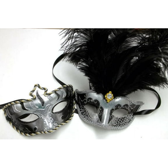 Silver Black Gold Couples Feather His Hers Set Masquerade Mardi Gras Mask