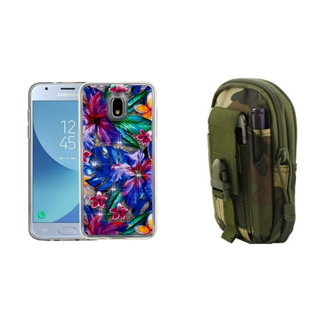 Liquid Glitter Flowing Quicksand Protective Cover Case (Watercolor Hibiscus) with Jungle Camo Tactical EDC MOLLE Waist Bag Holder Pouch and Atom Cloth for Samsung Galaxy Express Prime 3 (AT&T)