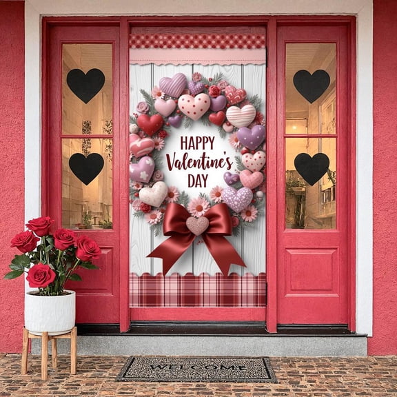 Colorful Hearts Valentine's Day Banner Floral Decor Heart Backdrop Pink Purple Red Ribbon Bow Romantic Background for Valentine's Day Party Romantic Date Photo Shoot