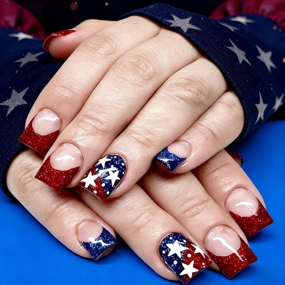 24PCS Short Square 4th of July Press On Nails, Red Blue Glitter French Tip & White Star Design, Glossy Natural Fit Fake Nails for Women, Patriotic Holiday & Daily Manicure, Salon & Home Use