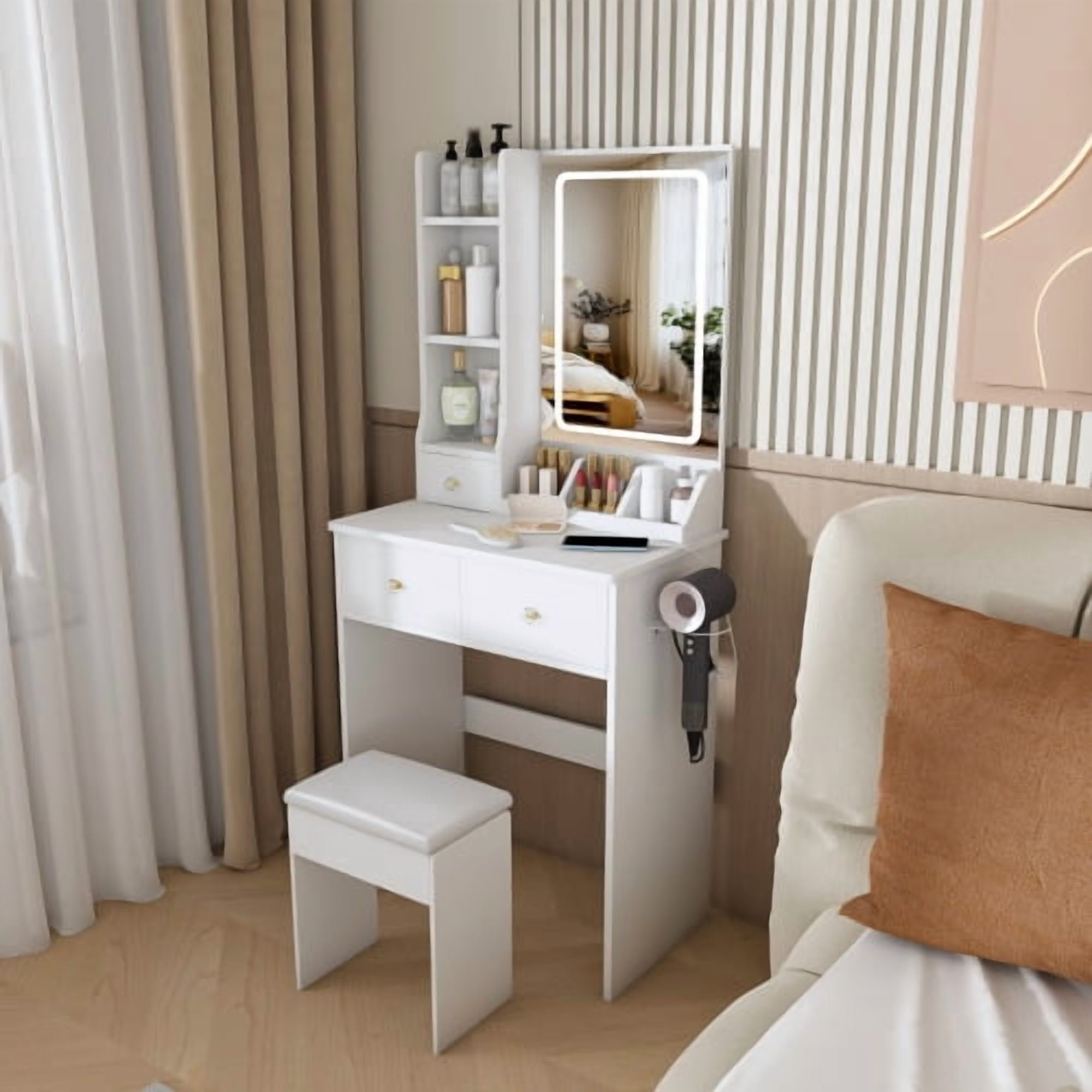 Modern Vanity Desk Set with LED Lighted Mirror, 3 Color Lighting Modes Adjustable Brightness, Built-in Power Outlet & Hair Dryer Holder, Drawers & Open Storage Shelves, Dressing Chair, White