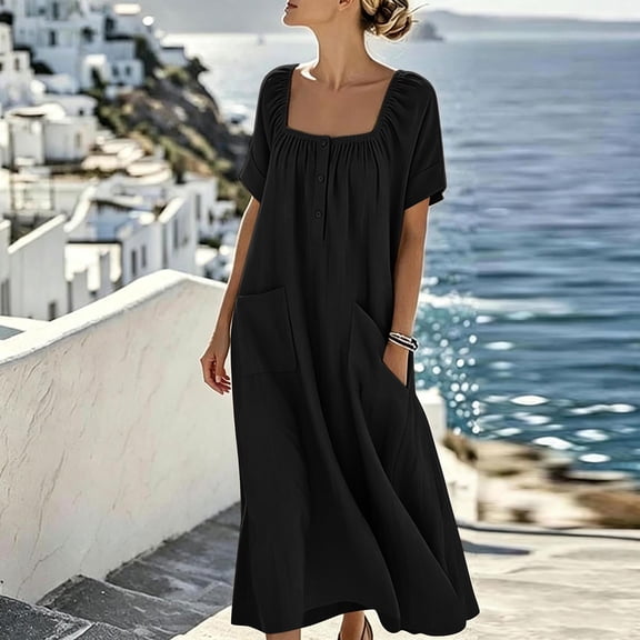 Qulqfy Dresses for Women Cotton Linen Cap Sleeve Plus Size Black Maxi Long Dress Square Neck Casual Plain Flowy Vacation Sundress with Pockets L