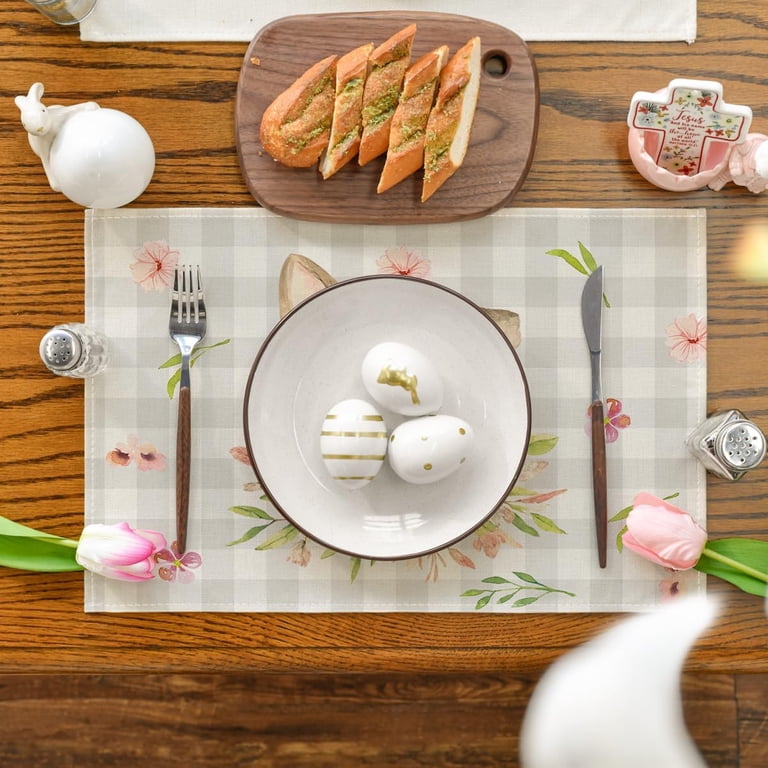 Watercolor Eggs & Floral Leaves Easter Placemats – Set Of 6, 12x18 Inch, Beige Seasonal Decor