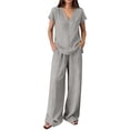 thumbnail image 3 of Women's V Neck Short Sleeve Top & Wide Leg Pants Set, Soft Nylon Spandex Loungewear, Casual 2 Piece Outfit with Stretchy Waist, for Relaxed Days, Work from Home, or | TruBelle,Gray L, 3 of 8