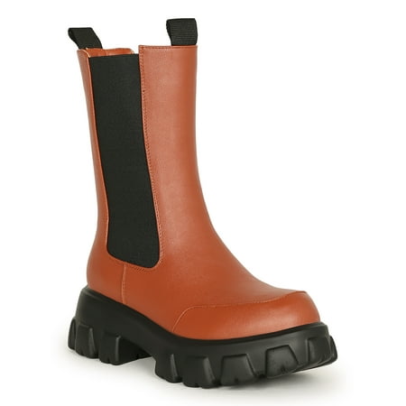 

Alrisco Women s Chunky Mid Calf Elastic Collar Round Toe Boot by HeartThentic 20611