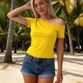 thumbnail image 4 of Nmnitkp Cropped Short Sleeve T-Shirts Women One Shoulder Asymmetrical Neck Short Sleeve T-Shirt, Solid Color Casual Summer Tops for Daily & Party Wear Yellow,S, 4 of 6