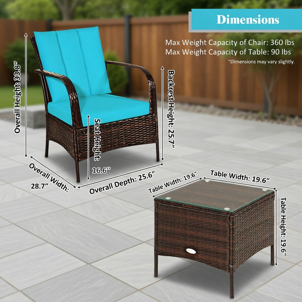 Hommoo 3-Piece Outdoor Rattan Patio Furniture Set with Tempered Glass Coffee Table & Cushions, Weather-Resistant Wicker Seating for Backyard, Garden, or Patio, Turquoise