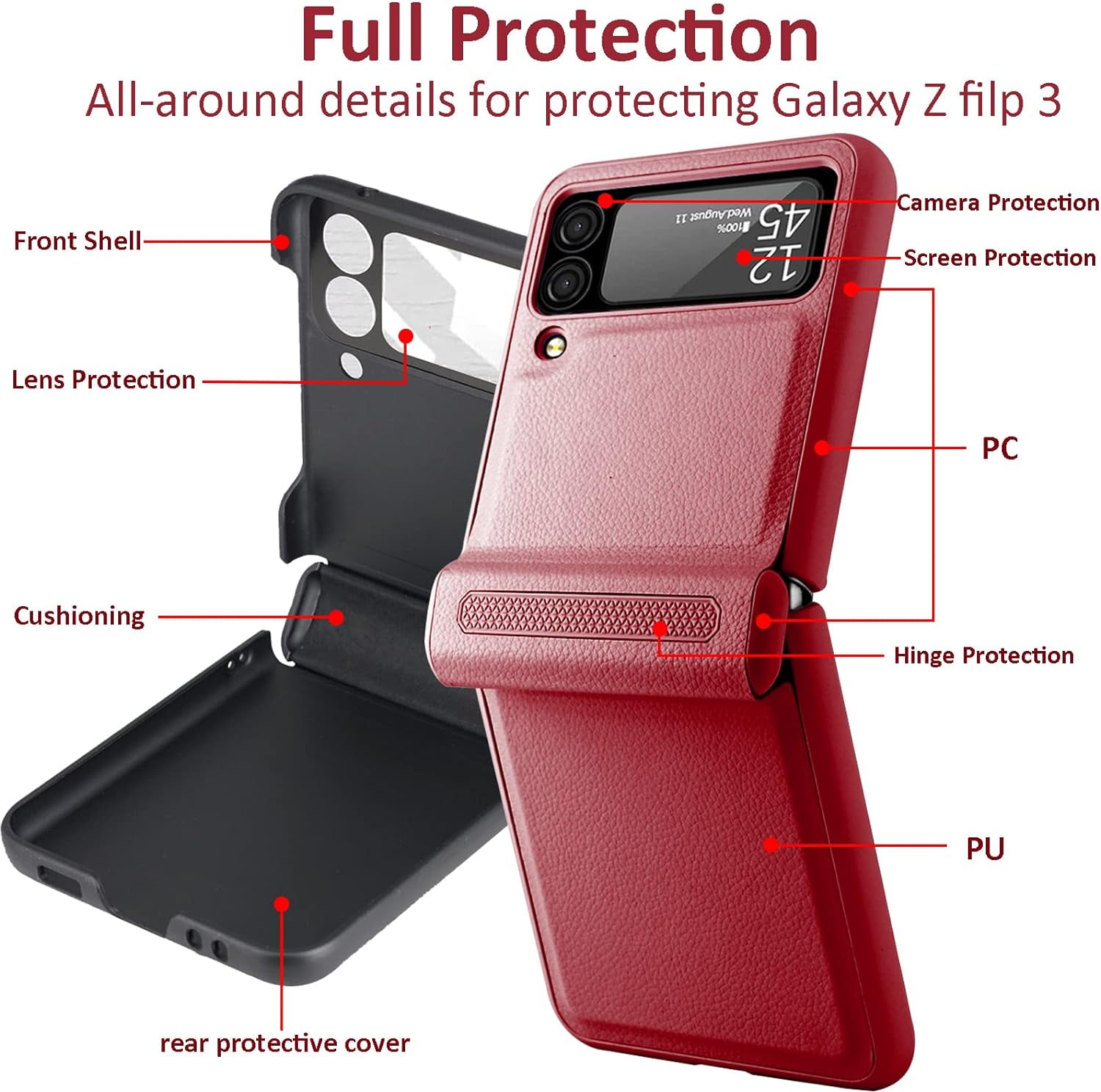Compatible Samsung Z Flip 3 5G Case with Hinge Protection Screen Protector,All Around Protection Ultra Thin PU Leather+PC Case Galaxy Z Flip 3 Case for Samsung Flip 3 Phone Case Cute– Red